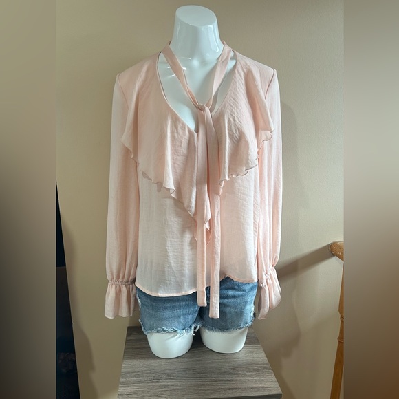 LUCY PARIS RUFFLED LONG SLEEVES CHIFFON NECK TIE IN LIGHT PEACH COLOUR SIZE S - Picture 2 of 8